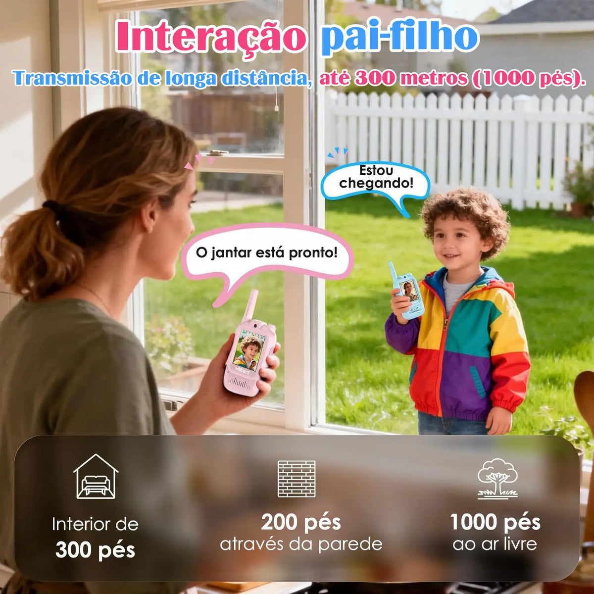 Walkie-talkie infantil com tela rosa e azul em cena entre área interna e externa com distâncias ilustradas.
