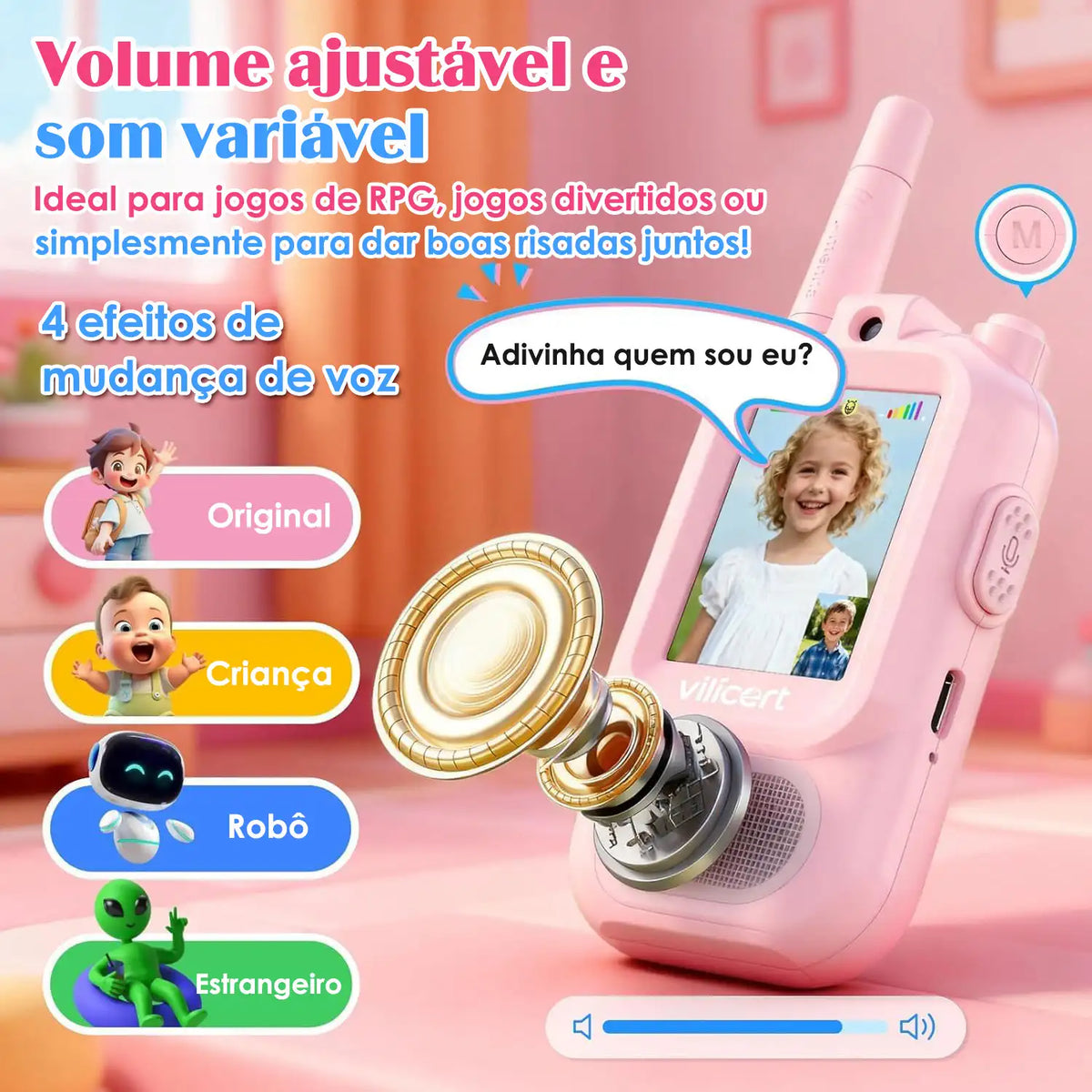 Walkie-talkie infantil com tela rosa e azul com alto-falante ampliado, controle de volume e efeitos de voz ilustrados.
