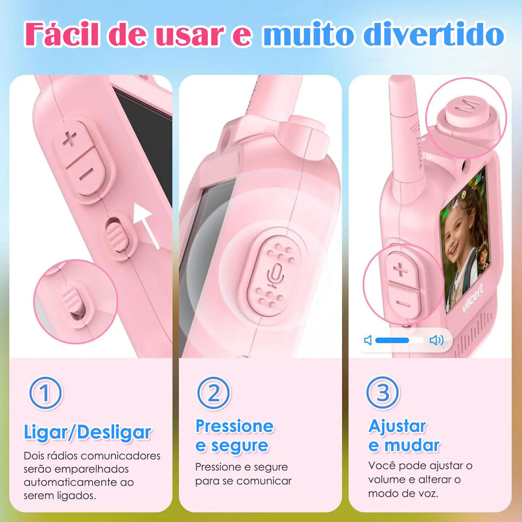Walkie-talkie infantil com tela rosa e azul com close dos botões de energia, comunicação, volume e seleção de modo.