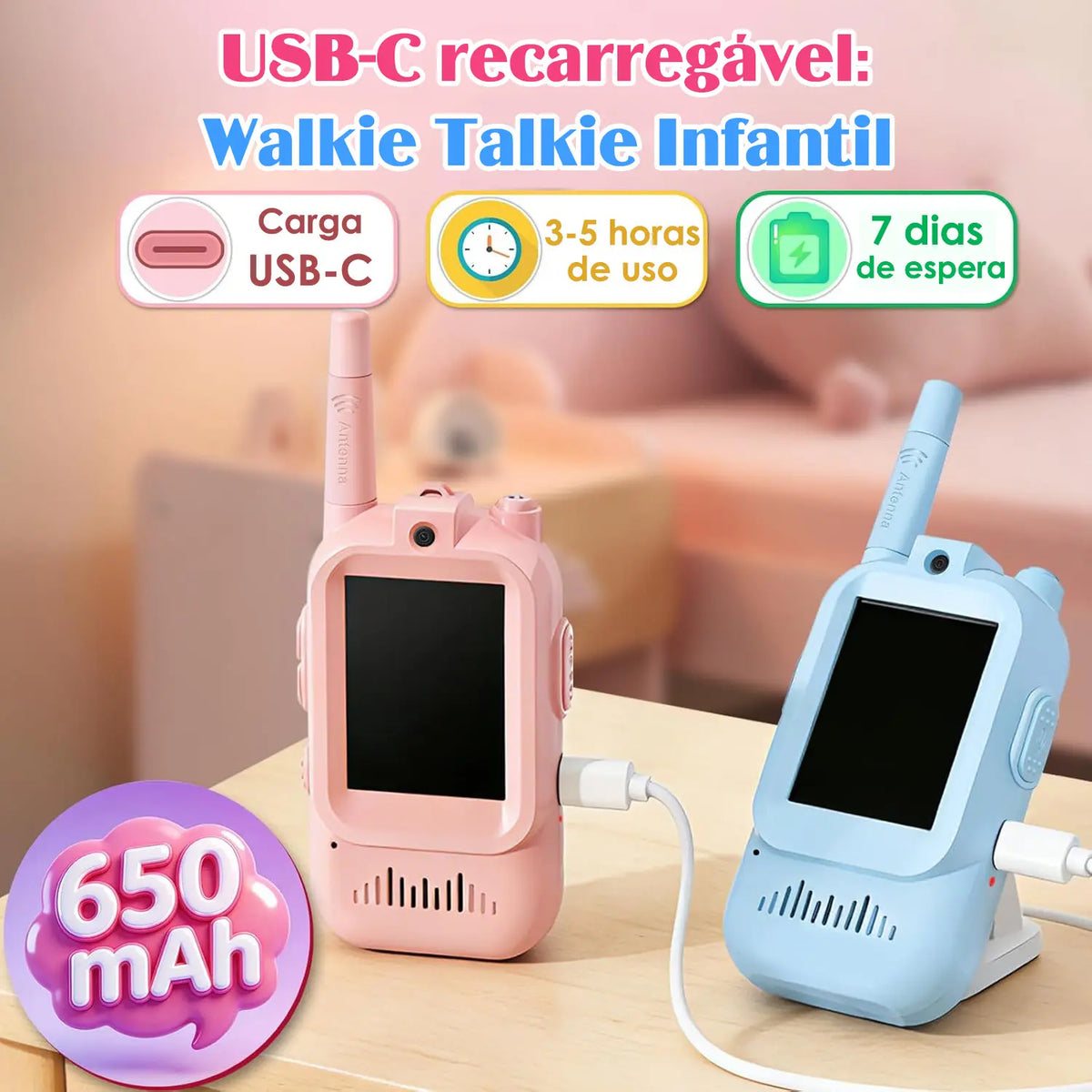Walkie-talkie infantil com tela rosa e azul com modelos rosa e azul conectados a cabos e telas desligadas.