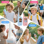 Walkie-talkie infantil com tela rosa e azul em cenas de camping, viagem, parque e conversa entre crianças.