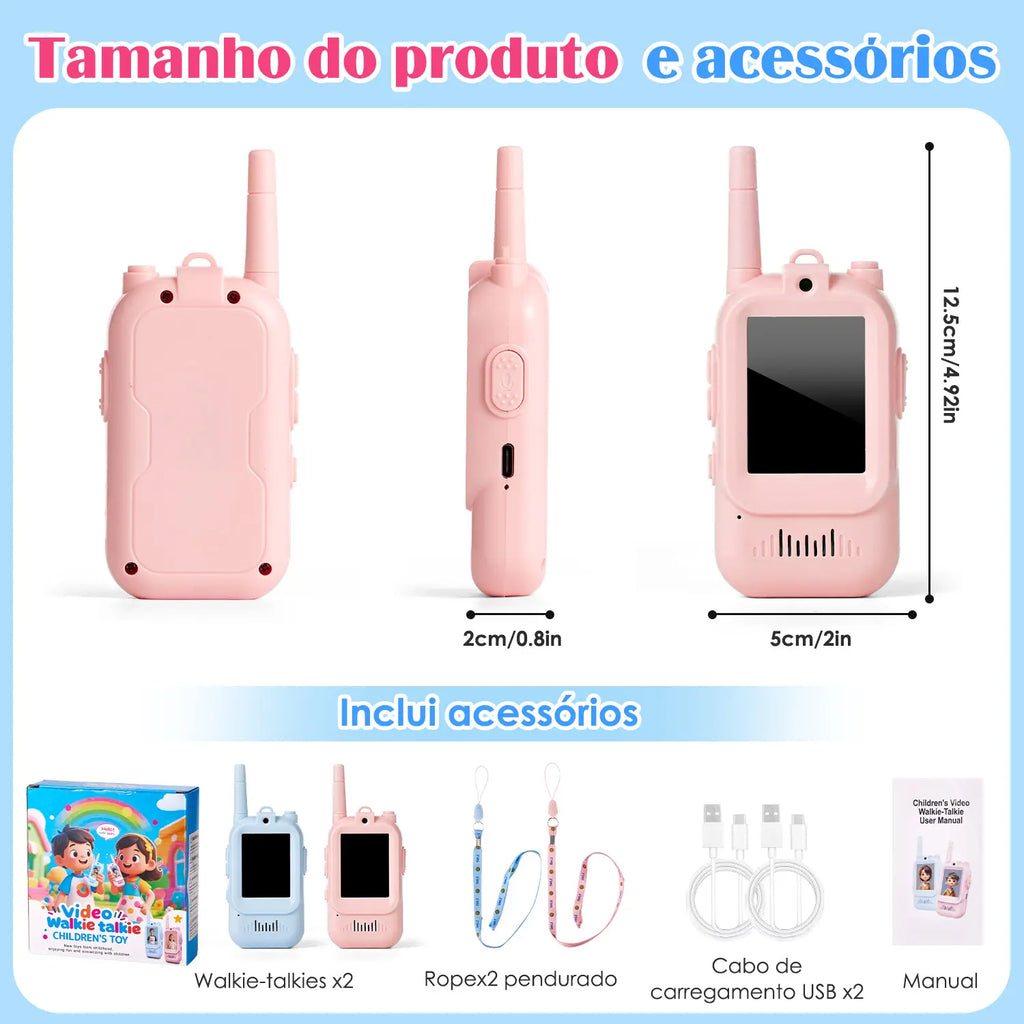 Walkie-talkie infantil com tela rosa e azul com vistas frontal, lateral e traseira, medidas e acessórios do conjunto.