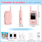 Walkie-talkie infantil com tela rosa e azul com vistas frontal, lateral e traseira, medidas e acessórios do conjunto.