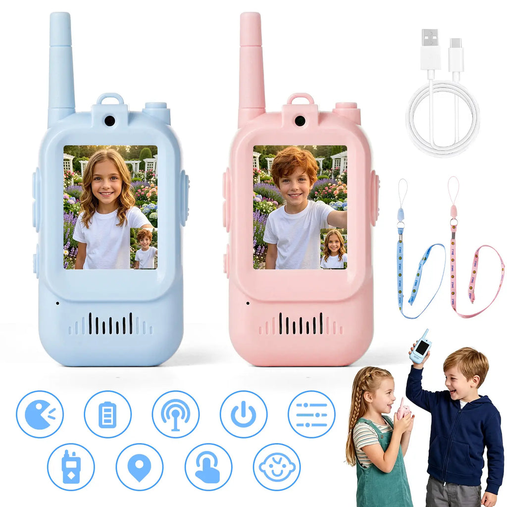 Walkie-talkie infantil com tela rosa e azul com modelos rosa e azul, cordões, cabo USB e ícones de funções.