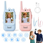 Walkie-talkie infantil com tela rosa e azul com modelos rosa e azul, cordões, cabo USB e ícones de funções.