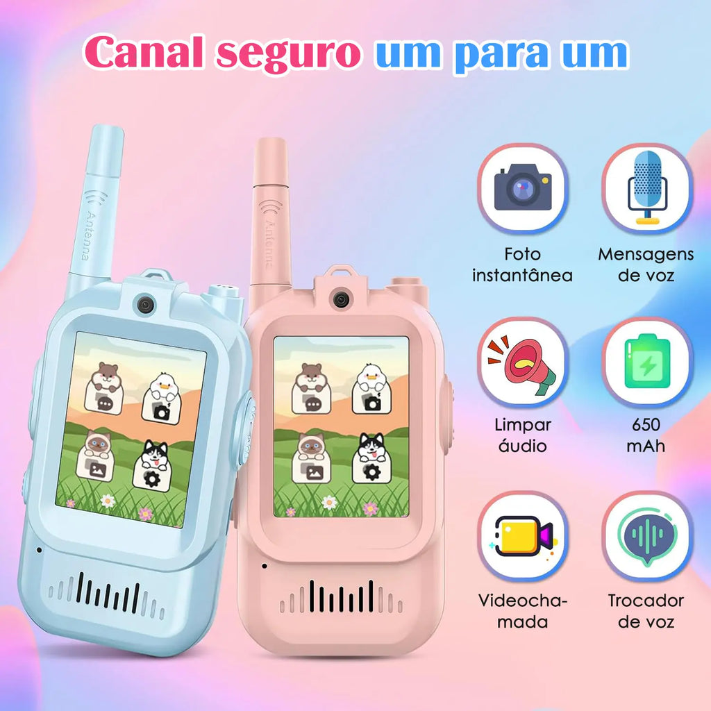 Walkie-talkie infantil com tela rosa e azul com telas coloridas e ícones de foto, áudio, chamada e troca de voz.