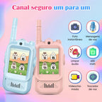 Walkie-talkie infantil com tela rosa e azul com telas coloridas e ícones de foto, áudio, chamada e troca de voz.