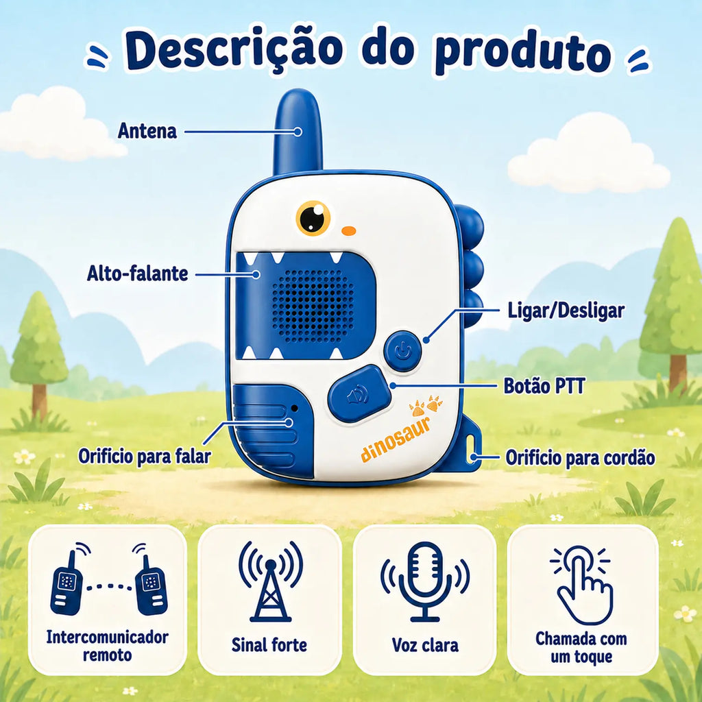 Walkie-talkie infantil de dinossauro azul e verde com antena, alto-falante, botão de chamada e botão de comunicação.