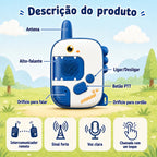 Walkie-talkie infantil de dinossauro azul e verde com antena, alto-falante, botão de chamada e botão de comunicação.