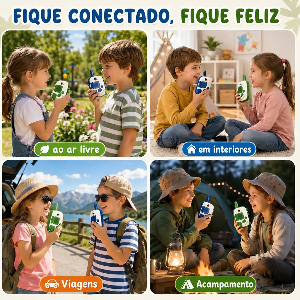 Walkie-talkie infantil de dinossauro azul e verde em quatro cenas de crianças usando as unidades ao ar livre e dentro de.