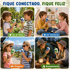 Walkie-talkie infantil de dinossauro azul e verde em quatro cenas de crianças usando as unidades ao ar livre e dentro de.