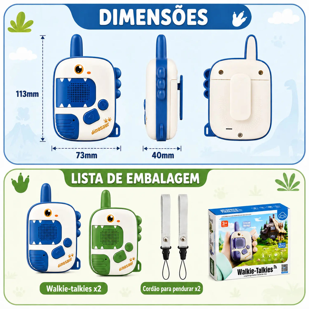Walkie-talkie infantil de dinossauro azul e verde com medidas das unidades e conteúdo da embalagem organizados no painel.