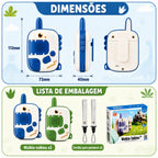 Walkie-talkie infantil de dinossauro azul e verde com medidas das unidades e conteúdo da embalagem organizados no painel.