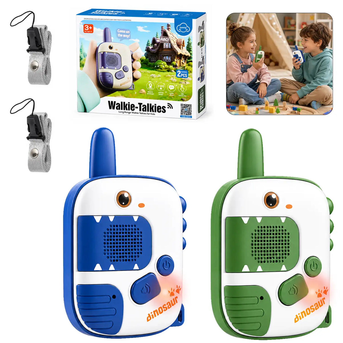 Walkie-talkie infantil de dinossauro azul e verde com modelos azul e verde, vistas traseiras e caixa ao fundo.