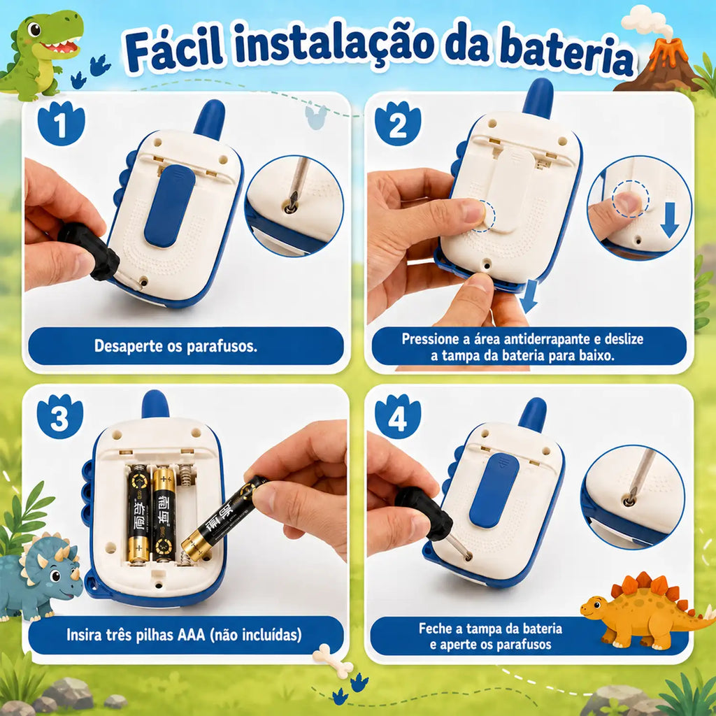 Walkie-talkie infantil de dinossauro azul e verde com quatro etapas visuais para abrir e fechar o compartimento traseiro.