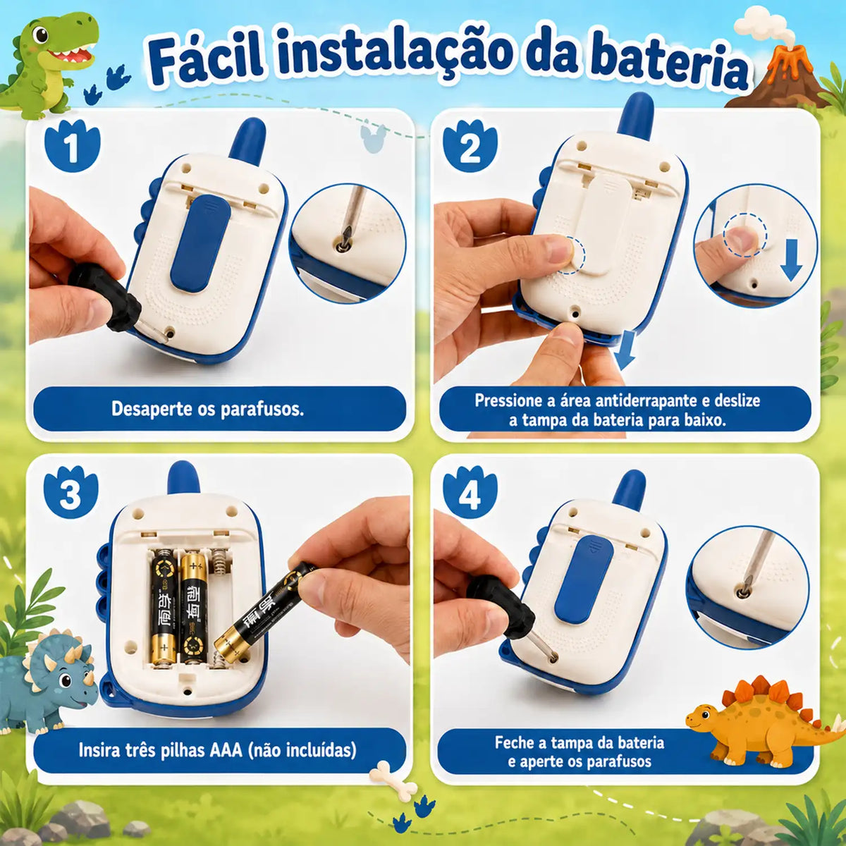 Walkie-talkie infantil de dinossauro azul e verde com quatro etapas visuais para abrir e fechar o compartimento traseiro.