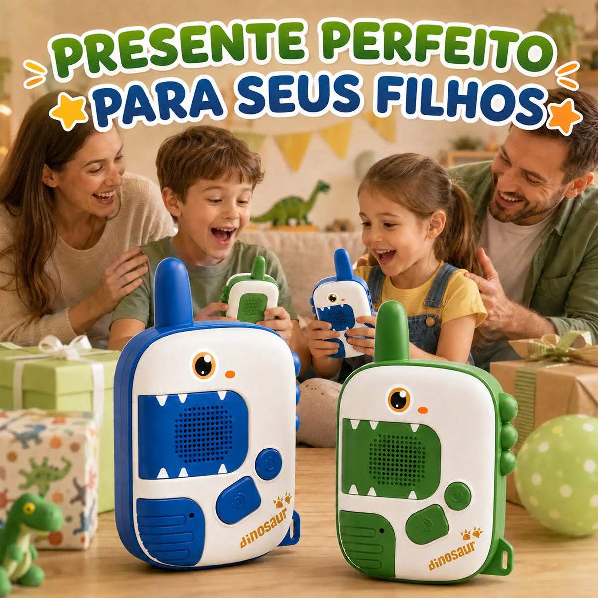 Walkie-talkie infantil de dinossauro azul e verde com modelos azul e verde diante de uma família reunida à mesa.