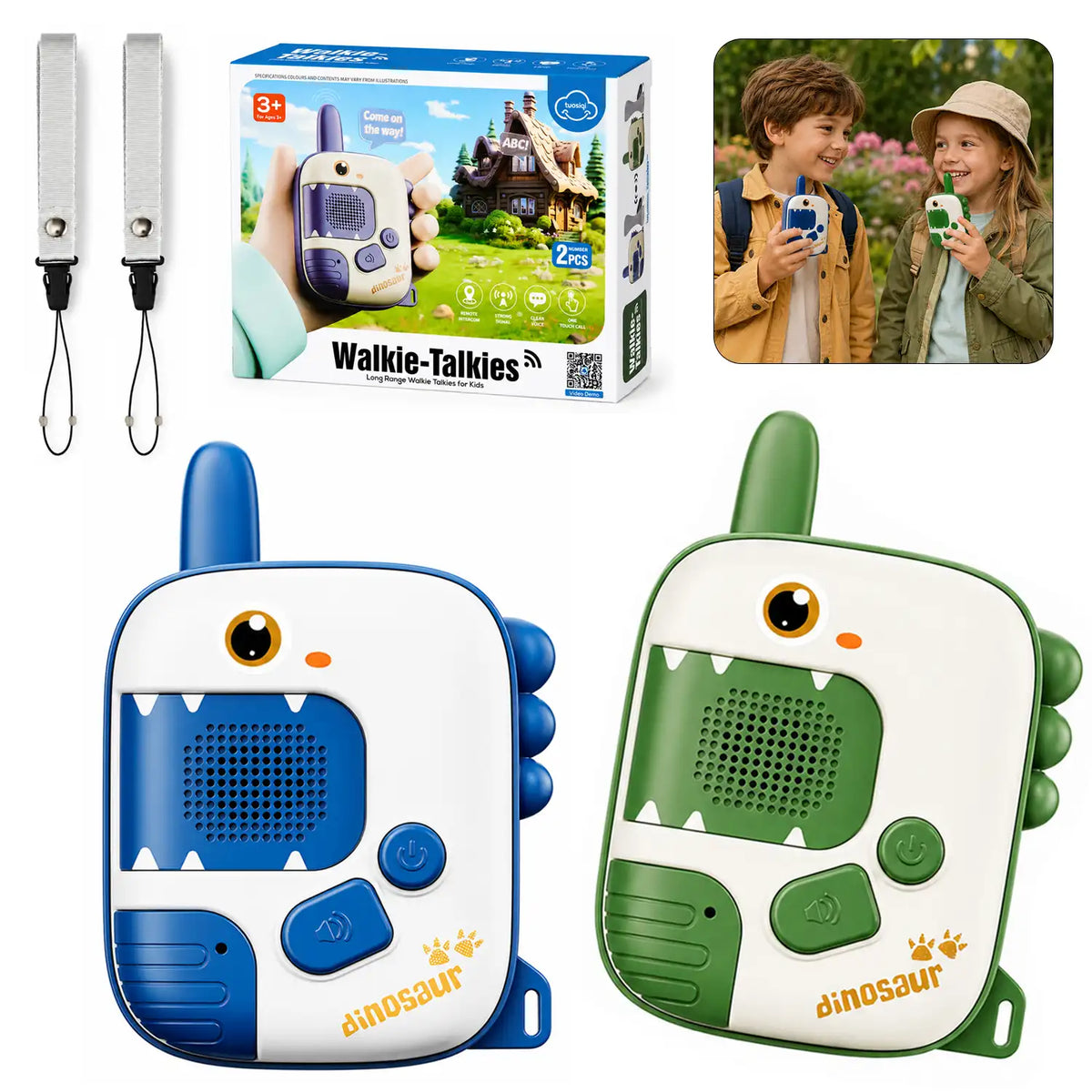Walkie-talkie infantil de dinossauro azul e verde com duas unidades, cordões de pulso, caixa e cenas de crianças brincando.