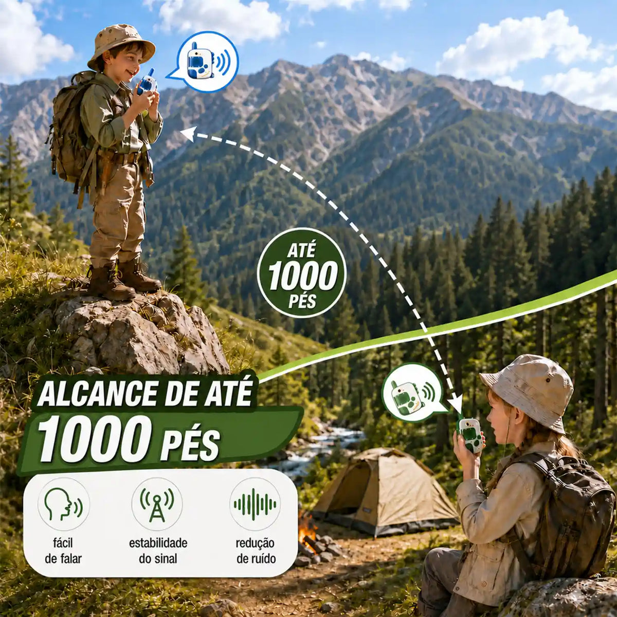 Walkie-talkie infantil de dinossauro azul e verde sendo usado por duas crianças em uma paisagem montanhosa.